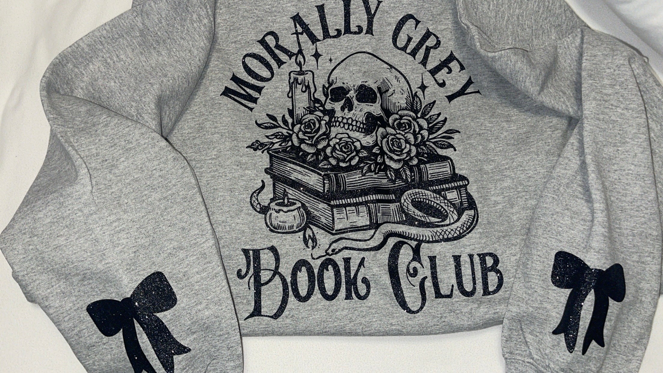 ✨ Morally Grey Book Lover Sweatshirt – Sparkly w/ Bows ✨🖤